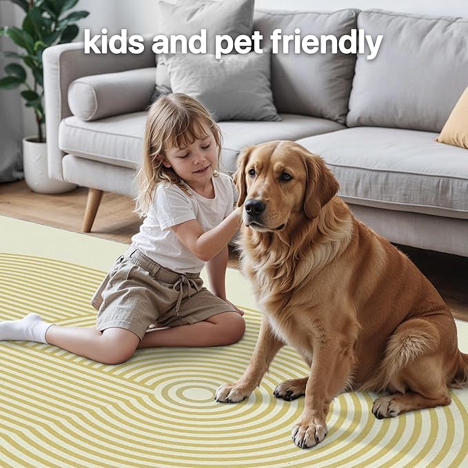 Bavni Area Rugs 8x10, Modern Soft Bedroom Rug, Machine Washable Rug Non Slip, Abstract Low Pile Large Rugs for Living Room, Dining Room, Beige Yellow Lines