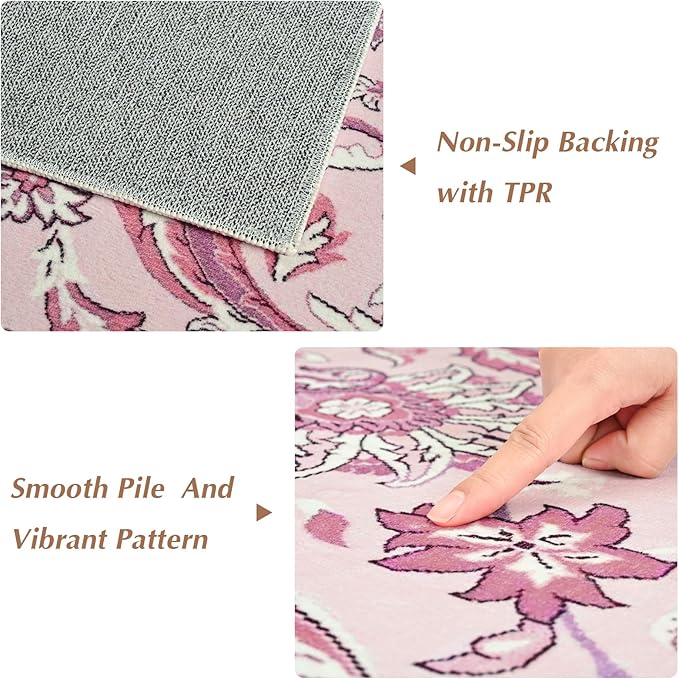 Area Rugs for Living Room, Washable 5x7 Area Rug for Bedroom, Floral Non-Slip Carpet for Nursery Home Office Dining Room Kitchen, Pink and White