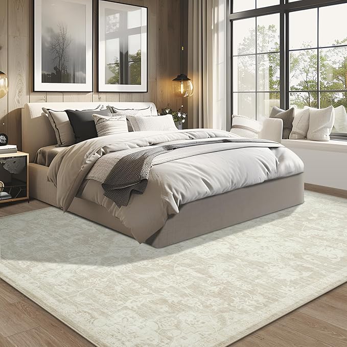 Washable Rugs 8x10 Area Rugs, Soft Vintage Living Room Rug with Anti-Skid Backing Stain Resistant Thin Indoor Carpet Large Area Rug for Bedroom Under Dining Room Table Nursery Entryway-Beige