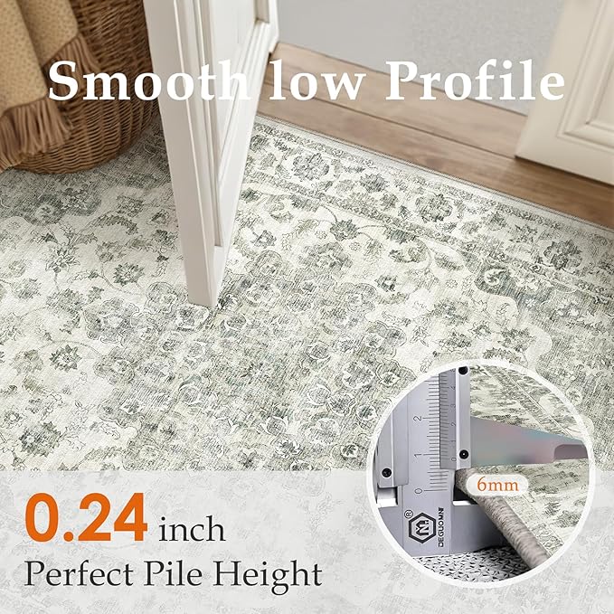 10x12 Neutral Area Rug Green Floral Living Room Bedroom Large Carpet Low Pile Vintage Non-Slip Soft Thin Washable Throw Rug for Dining Room Office Kitchen Indoor Nursery