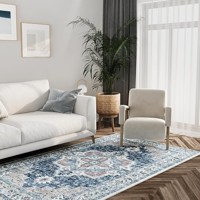 Washable Rugs 4x6, Stain Resistant Lightweight Anti-Skid Rugs for Living Room, Distressed Vintage Boho Rug Floor Carpet Bedroom Dining Room Office