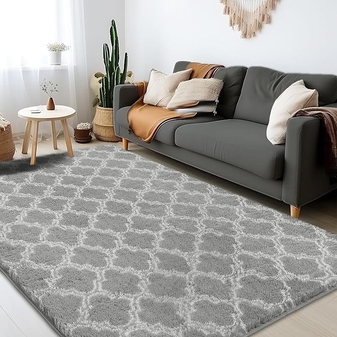 6x9 Area Rugs for Living Room, Fluffy Shag Bedroom Rug, Non-Slip Indoor Carpet for Nursery, Kids Room, Playroom, Home Decor, Geometric, Light Grey/White