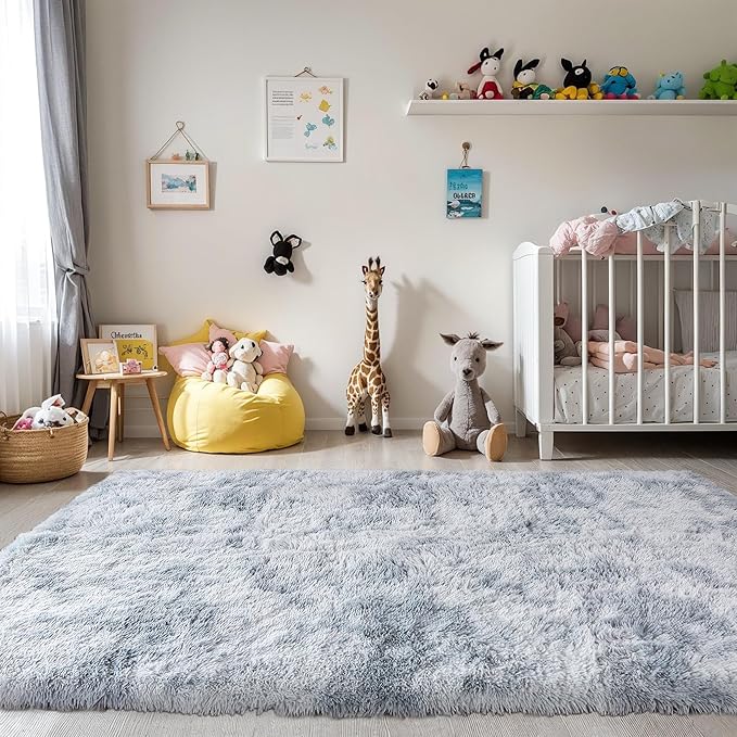 Thick Area Rug Light Grey Fluffy Shag 3x5 for Bedroom, Soft Plush Fuzzy Shaggy Carpet, Thickened Washable Non Slip Cozy Furry Rugs for Living Room, Kids Baby Nursery Dorm, Tie-Dye Gray