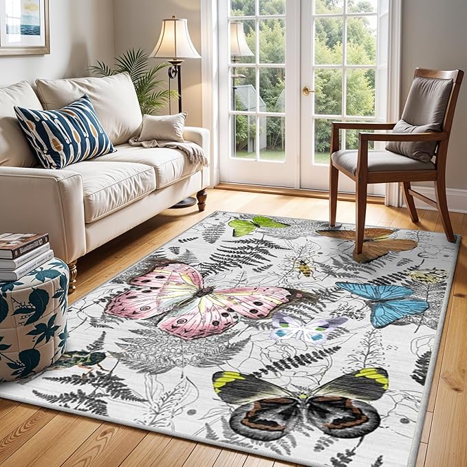 YOUFORTONG Washable Rug 3x5 Area Rugs: Soft Ultra Thin Low Pile Mat Machine Washable Indoor Doormat Lightweight Entry Rug Anti Slip Backing Rugs for Living Room Bedroom Kitchen 3'x5' Butterfly