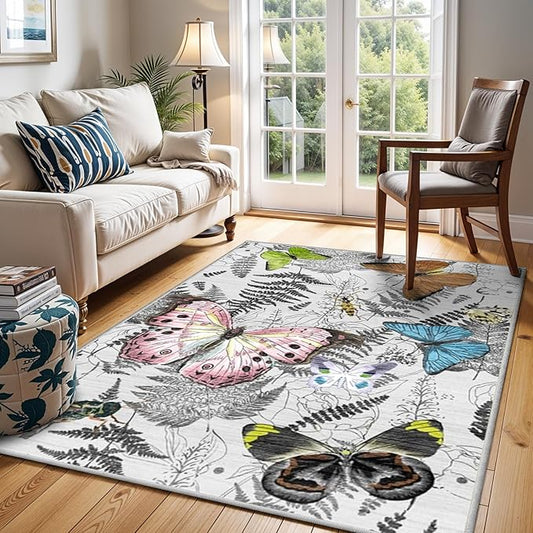 YOUFORTONG Washable Rug 3x5 Area Rugs: Soft Ultra Thin Low Pile Mat Machine Washable Indoor Doormat Lightweight Entry Rug Anti Slip Backing Rugs for Living Room Bedroom Kitchen 3'x5' Butterfly