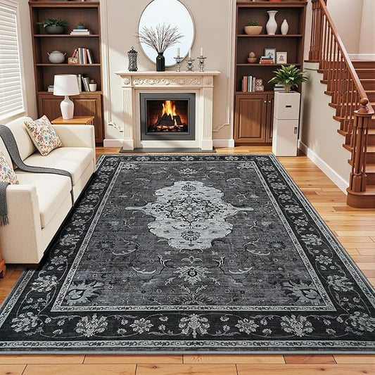 Vasofe 4x6 Area Rugs for Living Room, Machine Washable Low-Pile Carpet Rug for Bedroom, Vintage Floral Print Indoor Floor Rug for Dining Room Office Nursery Dorm Kids Room Bedside Decor, Black/Grey