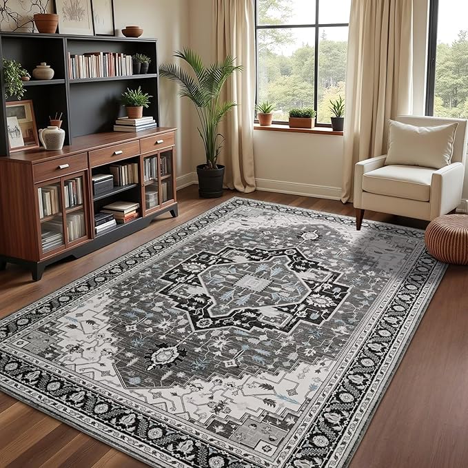 4x6 Black Grey Area Rug for Living Room, Machine Washable Rugs with Non-Slip Backing for Bedroom, Vintage Medallion Carpet Kitchen Laundry Kids Room Decor