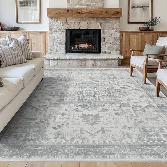 5X7 Washable Area Rug for Living Room, Neutral Vintage Large Boho Rugs for Office, Dining Room, Kids Room, Farmhouse, Durable Low Pile Non Slip Carpet for High Traffic Areas, Light Grey