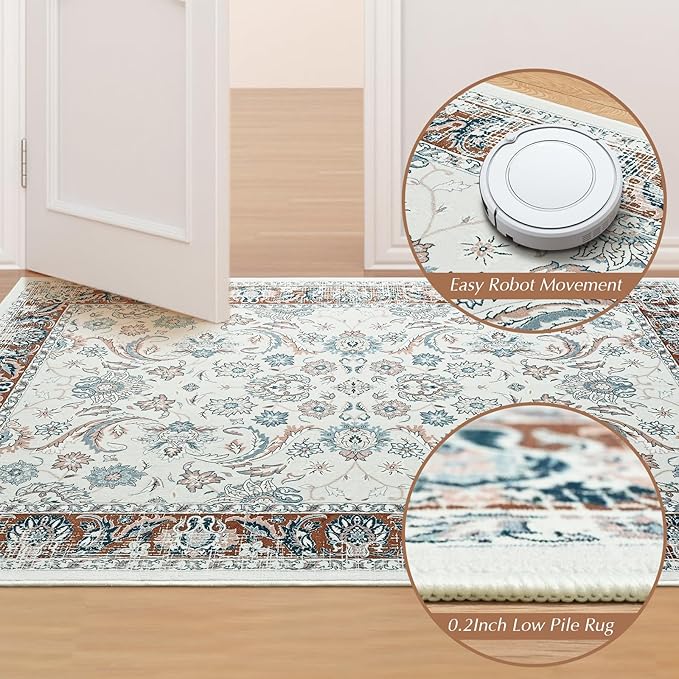 Area Rugs for Living Room, 4x6 Washable Rugs for Bedroom, Non-Slip Floral Carpet for Entryway Office Kitchen Dining Room, Brown and White