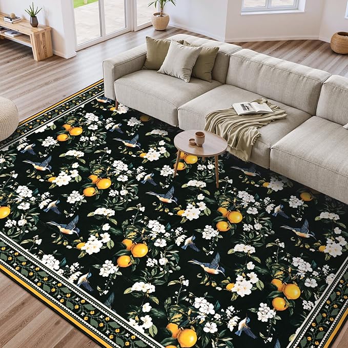 ASPMIZ Vintage Floral Area Rug 5x7 Rug for Living Room Black Washable Rugs for Bedroom Non Slip Soft Low Pile Lemon Hummingbird Throw Rugs for Dining Room Nursery Kitchen Entryway Laundry Office