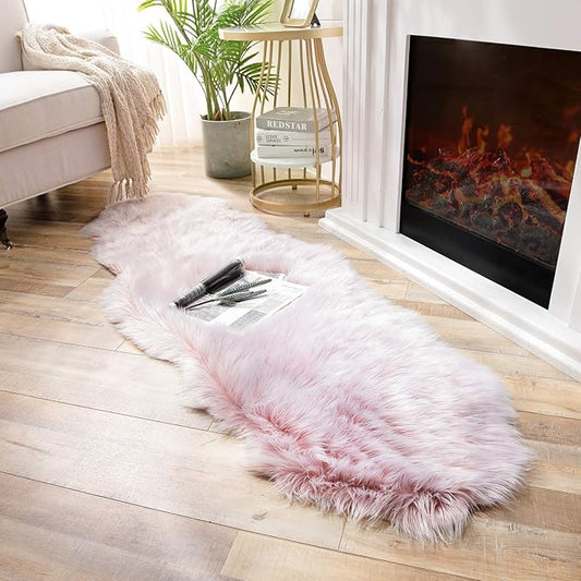 Ashler faux fur rug, Fluffy Shaggy Area Rug Ultra Soft 2 x 6 Feet Sheepskin Fur Rug, Frosted Bottom Pink Fuzzy Rug Machine Washable Shag Rug, Nursery Decor Throw Rugs for Bedroom, Living Room