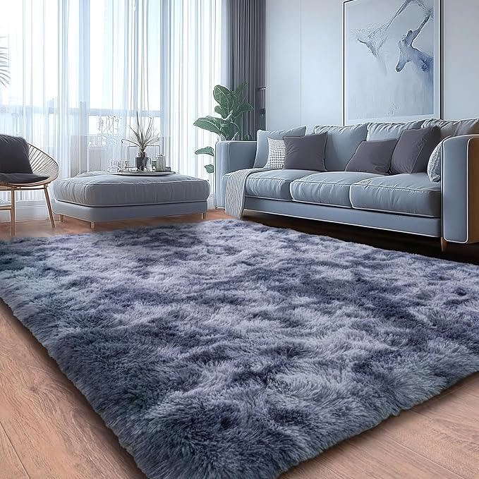 Plush Area Carpet Fluffy Carpet for Living Room Non-Slip Shag Fuzzy for Nursery Tie-Dyed Blue Grey 8x10 Feet