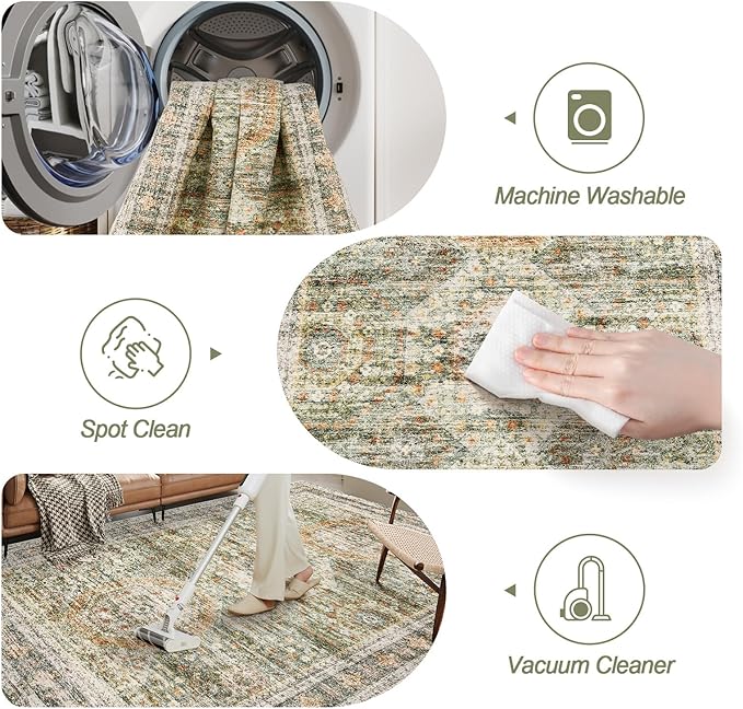 Washable Area Rug 8x10, Large Soft Rugs for Living Room Vintage 8x10 Area Rugs for Bedroom Dining Room Non-Slip Stain Resistant Under Table Green Orange Rug
