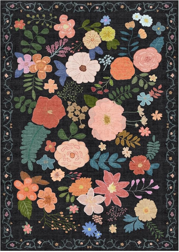 YOUFORTONG Washable Rug 3x5 Area Rugs: Soft Ultra Thin Low Pile Mat Machine Washable Indoor Doormat Lightweight Entry Rug Anti Slip Backing Rugs for Living Room Bedroom Kitchen 3'x5' Black Floral