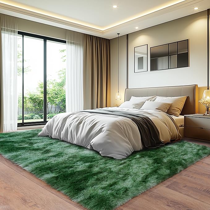 Tie-Dyed Green Fluffy Rug for Bedroom 9x12 ft Large Rug - Ultra Soft & Non Slip Shaggy Area Rug, Comfy Durable Carpet for Living Room Kids Room Teens Dorm Home Decor, 1.7'' Thick Indoor Carpets