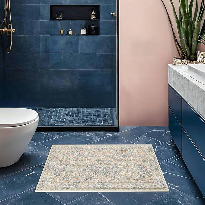 Washable Entry Rug - Front Door Rugs Indoor, Non-Slip Bathroom Small Rugs, Vintage Floral Style Rug for Kitchen, Perfect for Entryway Décor (2x3 Beige Blue)
