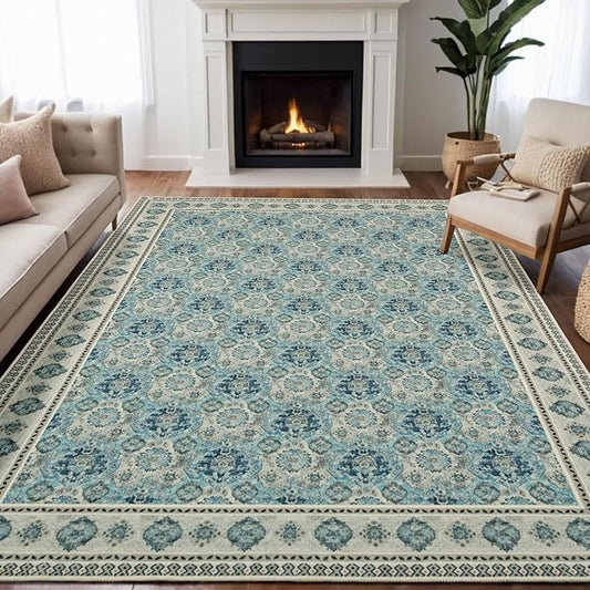 Vintage Washable Area Rug 9x12, Spill-Proof Surface, Non-Slip Backing, Cozy Soft Faux Wool, Printed Rug for Living Room Bedroom Dining Room - Maya