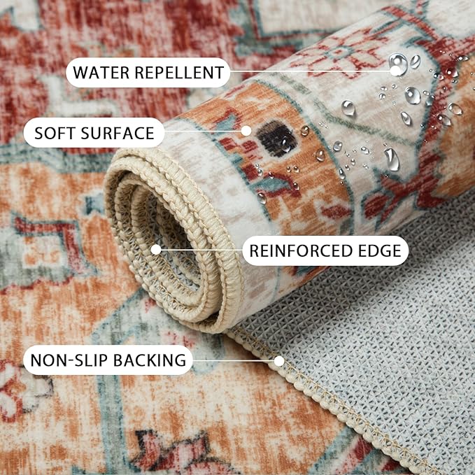 Washable 6x9 Area Rugs, Rugs for Living Room, Low-Pile Water&Stain Resistant Carpet Vintage Distressed Printed Non-Slip Carpet for Bedroom Bathroom Kitchen-Yellow/Brown