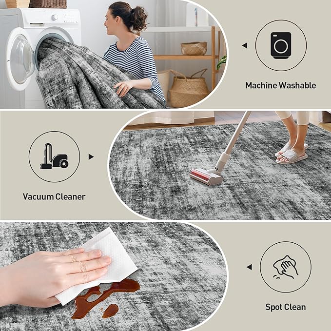 10x14 Area Rugs Washable Rug: Modern Abstract Living Room Rug Soft Anti-Skid Thin Carpet Indoor Floor Non-Shedding Carpets for Bedroom Dining Room Farmhouse Nursery Home Office Black