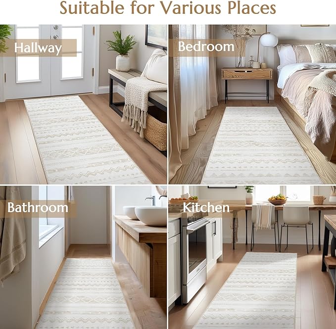 jinchan Runner Rug 2x5 Moroccan Hallway Kitchen Runner Ultra-Thin Washable Boho Geometric Rug Non-Slip Carpet for Bathroom Bedroom Laundry Room Taupe