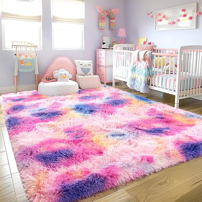 Ultra Fluffy Area Rugs for Living Room Bedroom, 6x9 Fuzzy Large Living Room Rugs, Thick Shag Rug for Dorm, Soft Non Slip Kids Girls Boys Rug for Home Decor Aesthetic, Dark Rainbow