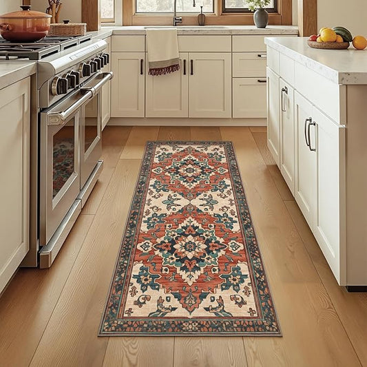 2x6 Machine Washable Non-Slip Rug & Mat - Soft Faux Wool & Polyester, Boho Stain-Resistant Indoor Carpet for Bathroom, Hallway, Kitchen, Entryway, Laundry, Living Room, Low Pile, High Traffic