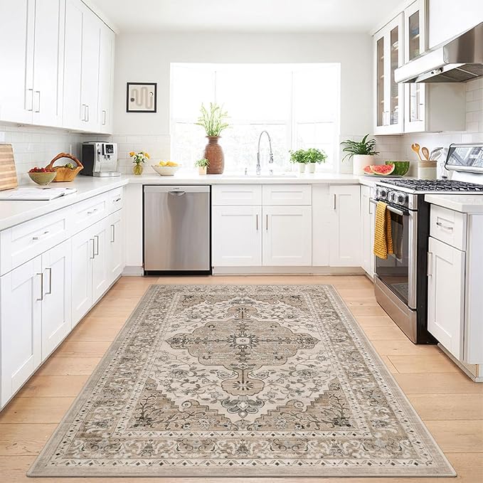 U'Artlines Boho Vintage Area Rug 3x5 Machine Washable Low Pile Soft Floor Carpet Non Slip Non Shedding Accent Rug for Living Room Bedroom Entryway Dining Room Office Beige Brown