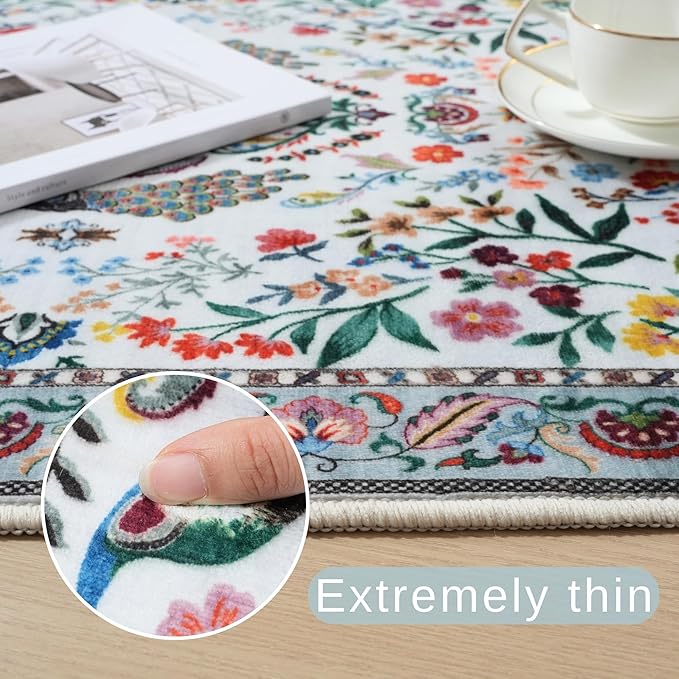 3x5 Rug Washable Area Rug Floral Office Rug Non Slip Small Carpet for Bedroom, Bedside, Kitchen, Entryway, Kids Room, Office(Colorful)