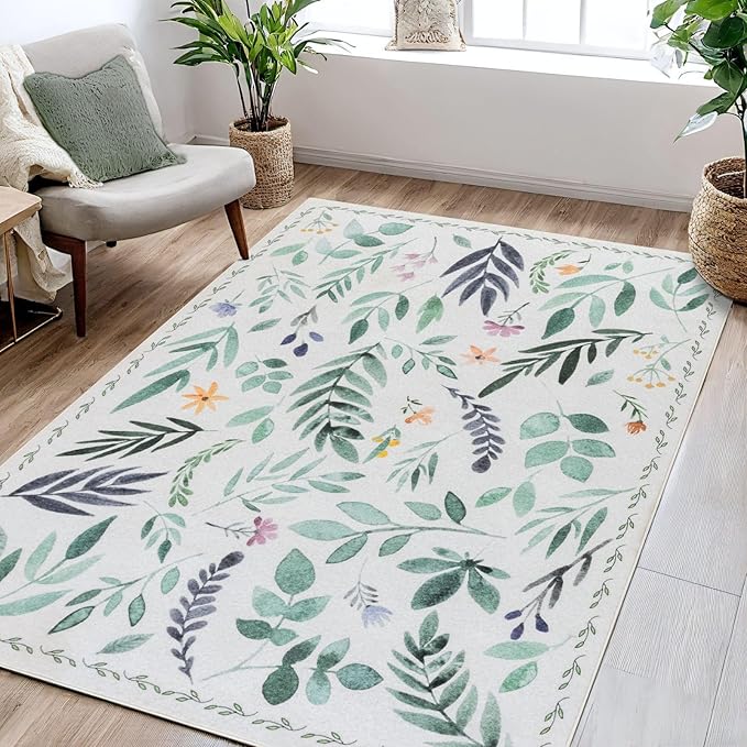 Syalife 3x5 Area Rugs, Non Slip Washable Low Pile Rugs for Living Room, Kitchen, Hallway, Bedroom Bedside, Kids Room, College Dorm (Green Leafy, 3'x5')