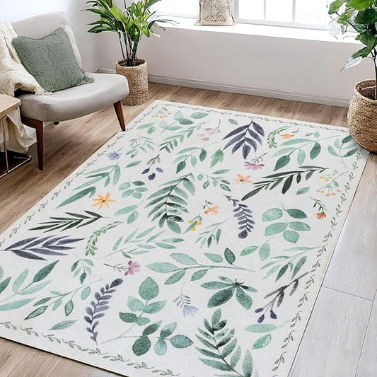 Syalife 3x5 Area Rugs, Non Slip Washable Low Pile Rugs for Living Room, Kitchen, Hallway, Bedroom Bedside, Kids Room, College Dorm (Green Leafy, 3'x5')