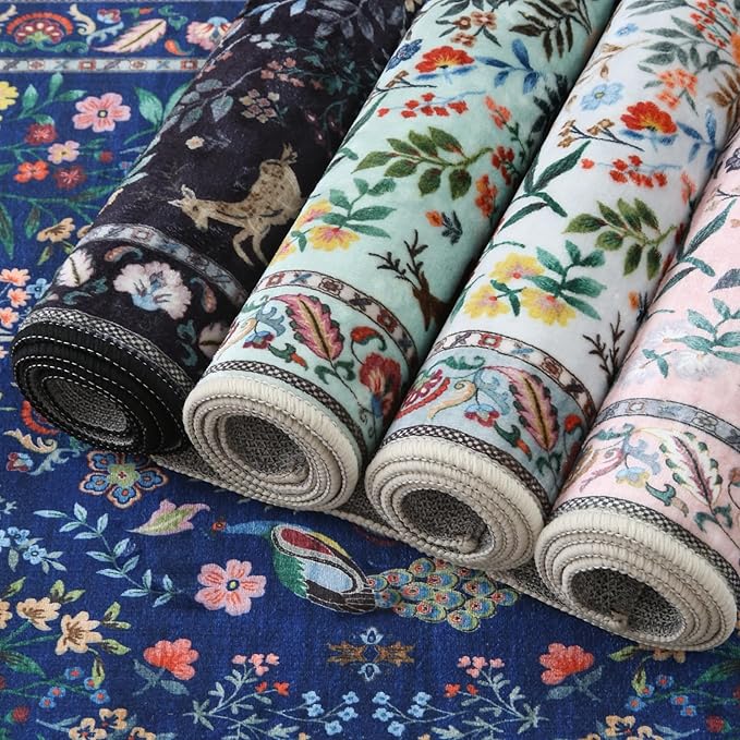 Area Rug 4x6 Rug Washable Rugs Floral Non Slip Low Pile Small Carpet for Bedroom, Bedside, Kids Room, Office, Dining Room(Colorful)