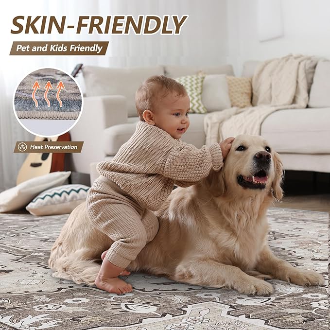 Washable Area Rug 4x6 Non-Slip, Boho Rugs for Living Room Decor，Indoor Mat for Front Porch, Kitchen, Laundry Room, Bathroom, Olive