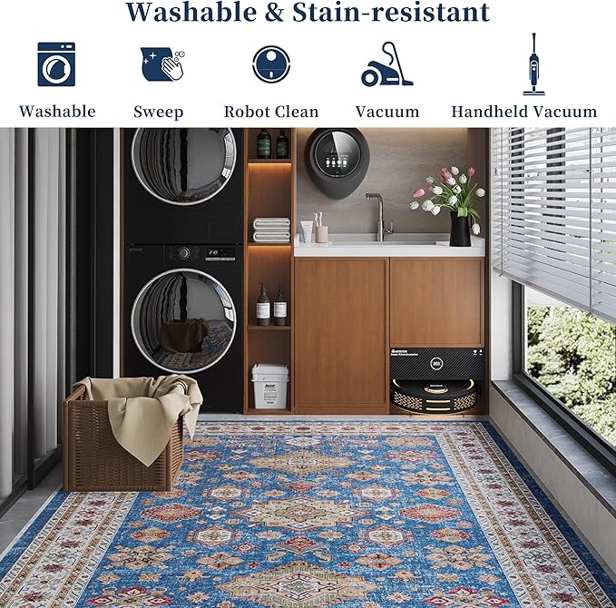8x10 Rug, Washable Neutral Boho Modern Vintage Non Slip Floral Area Rugs, Low Pile Soft Rugs, Area Rugs, Slip Resistance Carpet, Pet-Friendly Carpet, Durable Rug for Living Room, Bedroom