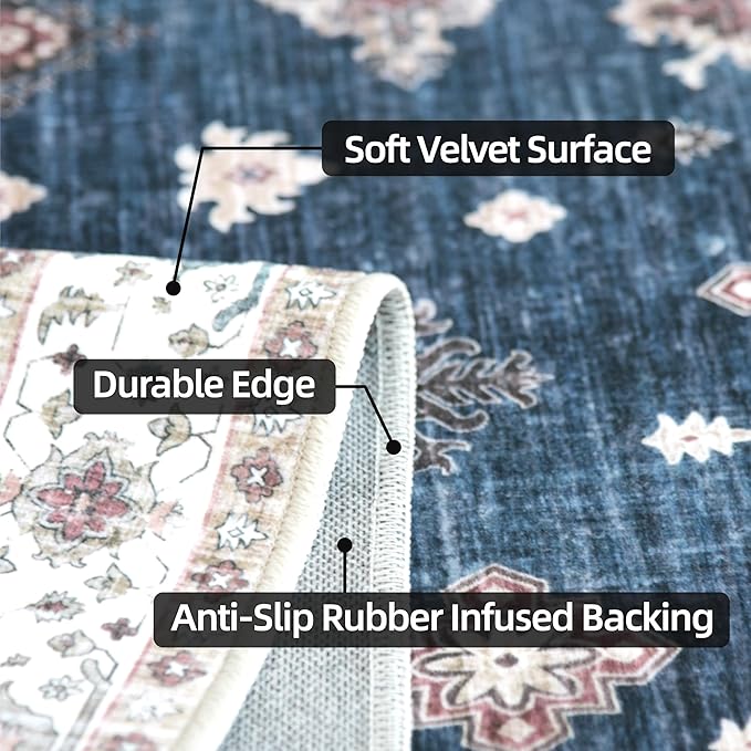 Soft Washable Faux Wool 6x9 Large Stain Resistant Rug Rubber Non-Slip Backing for Hallway Kitchen Bathroom Living Room Bedroom Indoor Doormat Dining Room Carpet Mat (Navy Blue, 6' x 9')