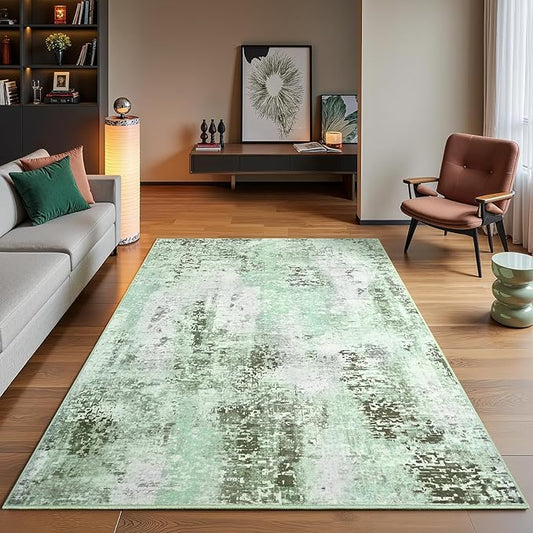 4x6 Green Washable Area Rug for Living Room Bedroom, Modern Abstract Non-Slip Rugs, Low Pile Soft Stain Resistant Carpet for Dining Room, Kitchen, Office, Dorm, Bedside Decor