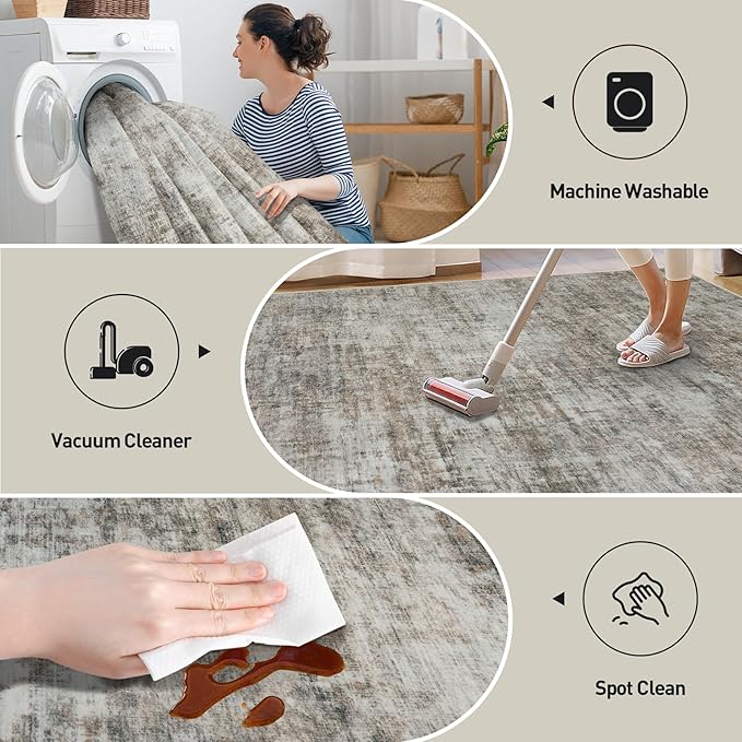 10x14 Area Rugs Washable Rug: Modern Abstract Living Room Rug Soft Anti-Skid Thin Carpet Indoor Floor Non-Shedding Carpets for Bedroom Dining Room Farmhouse Nursery Home Office Brown Black