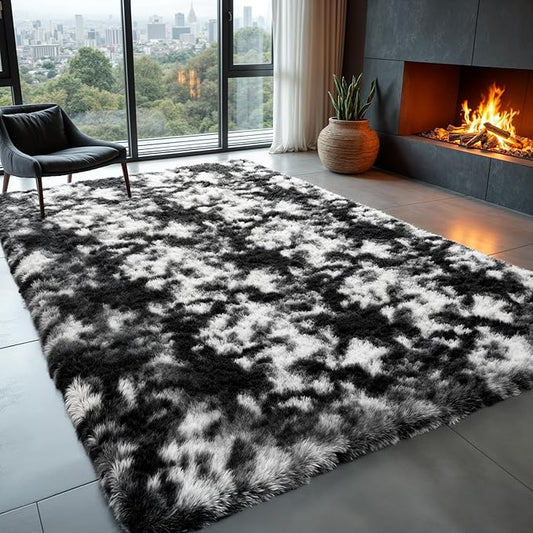 Zentavio Black and White Area Rugs for Living Room Rugs for Bedroom 4x6 Soft Carpet Fluffy Furry Shag Aesthetic Plush High Pile Gray Throw Rug for Nursery Kids Room Dorm Tie-Dyed