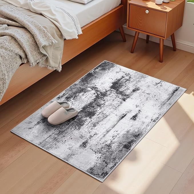 Washable Abstract Rug, 2x3 Small Modern Area Rugs with Non-Slip Rubber Backed for Kitchen, Thin but Soft Throw Carpet Bedroom Entryway Front Door Decor, Black Grey