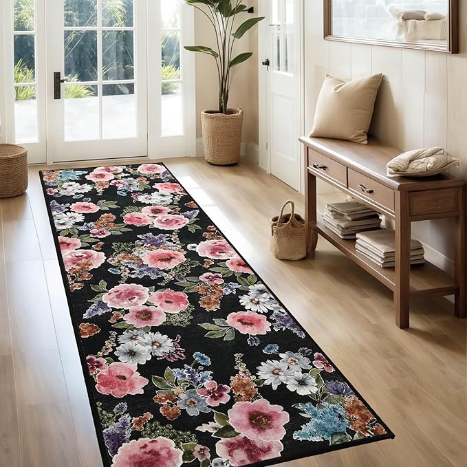 2x6 Runner Rug for Hallways Kitchen Machine Washable Boho Floral Rug Runner Non-Slip Soft Low Pile Long Floor Carpet Runner for Laundry, Bedroom, Entryway (Black)