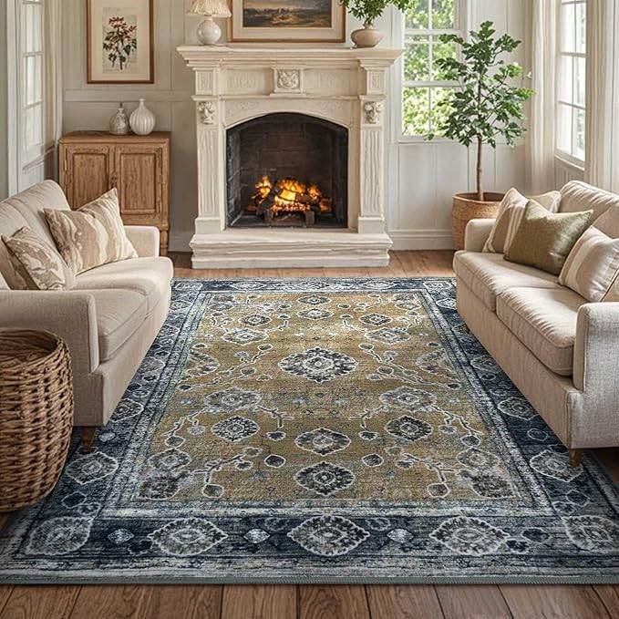 3x5 Washable Area Rugs for Living Room Stain-Resistant Bedroom Rug with Non-Shedding &Slip Faux Wool,Vintage Floral Aesthetic Carpet Foldable for Indoor Dining Room