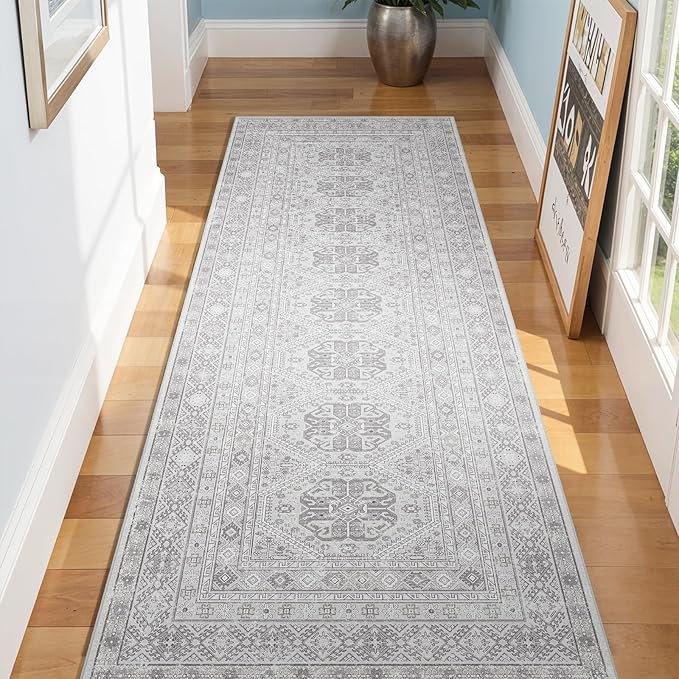 3x8 Runner Rug Kitchen Washable: Oriental Indoor Hallway Runners with Non Slip Backing Floor Mat for Entryway Door Low Pile Thin Carpet for Bedroom Bathroom Living Room Bedside Grey