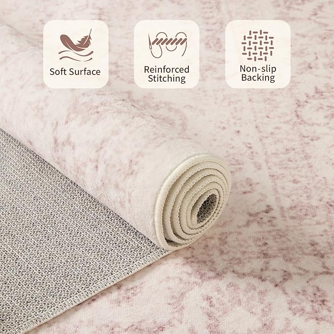 4x6 Washable Area Rug for Living Room & Bedroom, Light Pink Rugs for Women, Non Slip, Durable Low Pile Carpet, Vintage Carpets for Office, Dining Room, Kids Room and Farmhouse