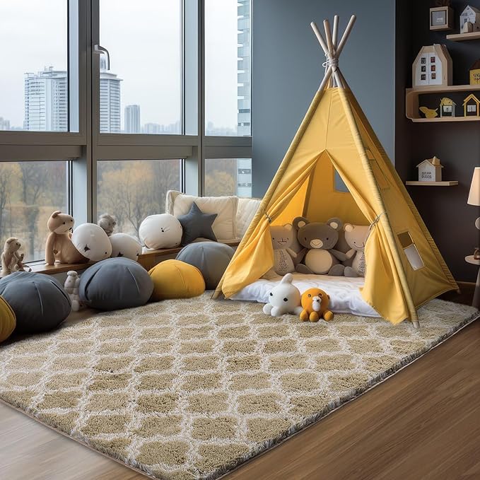 Luxury Area Rug 6x9 Feet Shag Rugs for Living Room, High Pile Fluffy Carpet for Bedroom, Kids Room, Nursery, Home Decor, Geometric, Beige/White