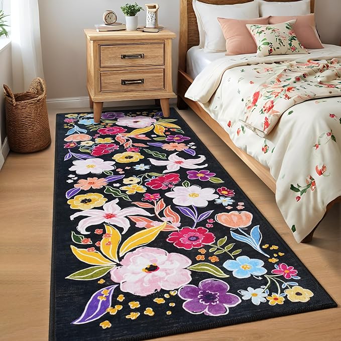 ST. BRIDGE Black Runner Rug 2x6, Washable Rug Runners for Hallway Entryway Bedroom, Non-Slip Low Pile Boho Floral Throw Rugs Soft Faux Wool Floor Carpet for Kitchen, Bathroom, Laundry