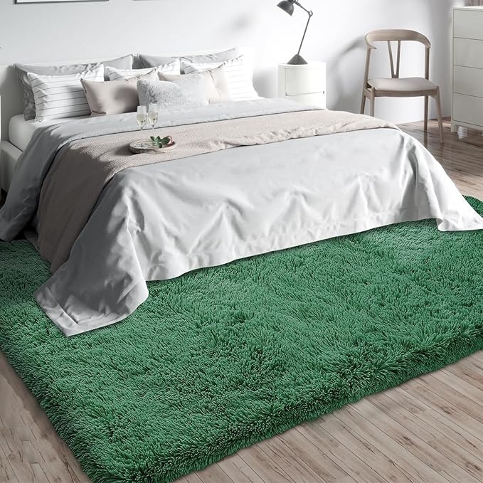 Shag Area Rugs for Bedroom Living Room,5X8 Ultra Soft Fluffy Area Rugs for Dorm,Indoor Carpet Nursery Rugs for Kids Girls Room Home Decor, Dark Green