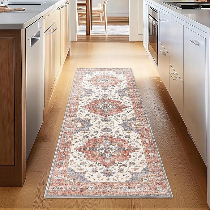 jinchan Runner Rug 3x10 Vintage Hallway Runner Boho Washable Rug Floral Medallion Retro Non Slip Classic Thin Soft Carpet for Kitchen Bedroom Bathroom Laundry Room Doorway Brick Red