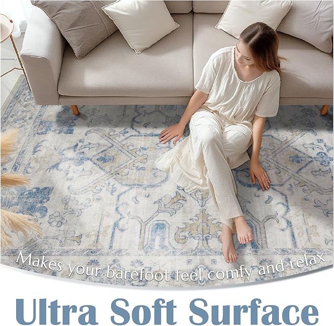 jinchan Runner Rug 2x5 Machine Washable Hallway - Vintage Floral Non-Slip Low-Pile Soft Ultra-Thin Kitchen Rug Distressed Carpet Runner for Farmhouse Bedroom Entryway Laundry Room(2x5ft,Blue)