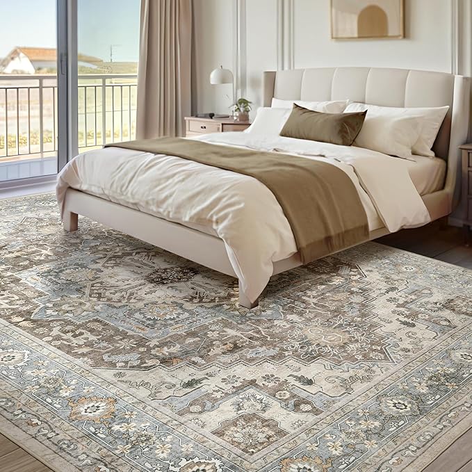 Area Rugs for Living Room 9x12 - Large Machine Washable Vintage Oriental Soft Rug, Low Pile Thin Carpet with Non Slip Backing for Bedroom, Dorm, Under Dining Room Table, Indoor House, Office Decor