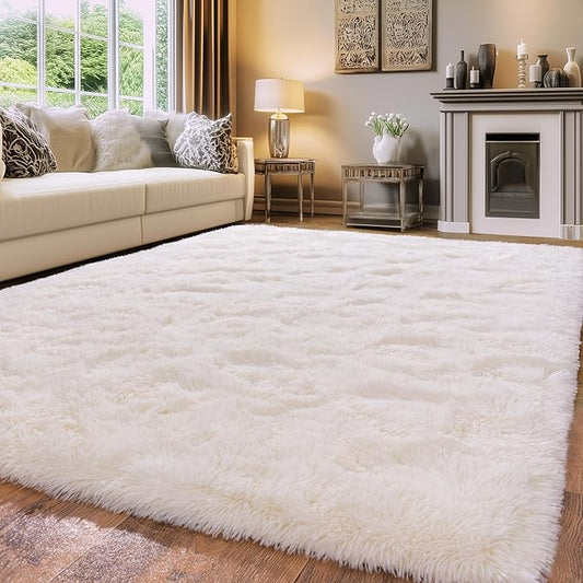 White Fluffy Rug for Bedroom 9x12 ft Large Rug - Ultra Soft & Non Slip Shaggy Area Rug, Comfy Durable Carpet for Living Room Kids Room Teens Dorm Home Decor, 1.7'' Thick Indoor Plush Carpets