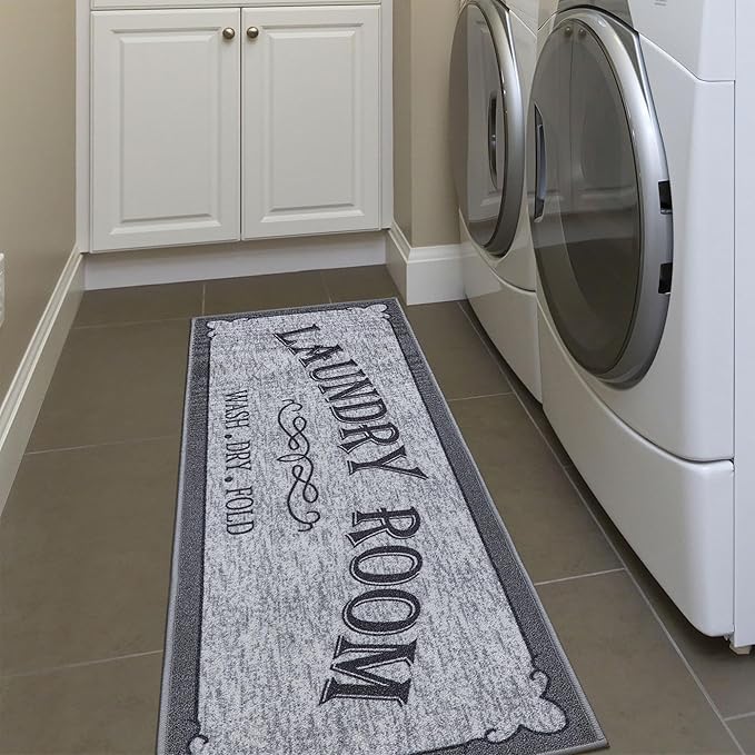 Machine Washable Border Text Design Laundry Room Rug Non-Slip Rubberback 2x5 Laundry Runner Rug for Laundry Room, Bathroom, Washroom, 20" x 59", Light Gray